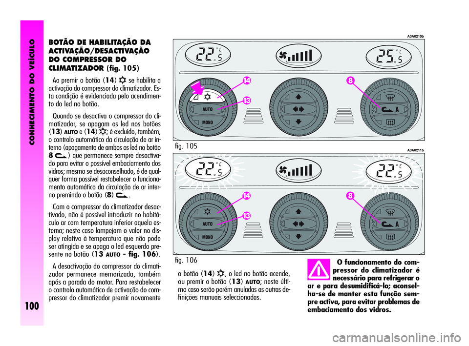 Alfa Romeo GT 2010  Manual de Uso e Manutenção (in Portuguese) CONHECIMENTO DO VEÍCULO
100
o botão (14)√, o led no botão acende,
ou premir o botão (13)
AUTO; neste últi-
mo caso serão porém anuladas as outras de-
finições manuais seleccionadas. 
BOTÃO