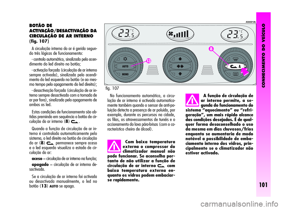 Alfa Romeo GT 2010  Manual de Uso e Manutenção (in Portuguese) CONHECIMENTO DO VEÍCULO
101
BOTÃO DE 
ACTIVAÇÃO/DESACTIVAÇÃO DA
CIRCULAÇÃO DE AR INTERNO 
(fig. 107)
A circulação interna do ar é gerida segun-
do três lógicas de funcionamento: 
- contro