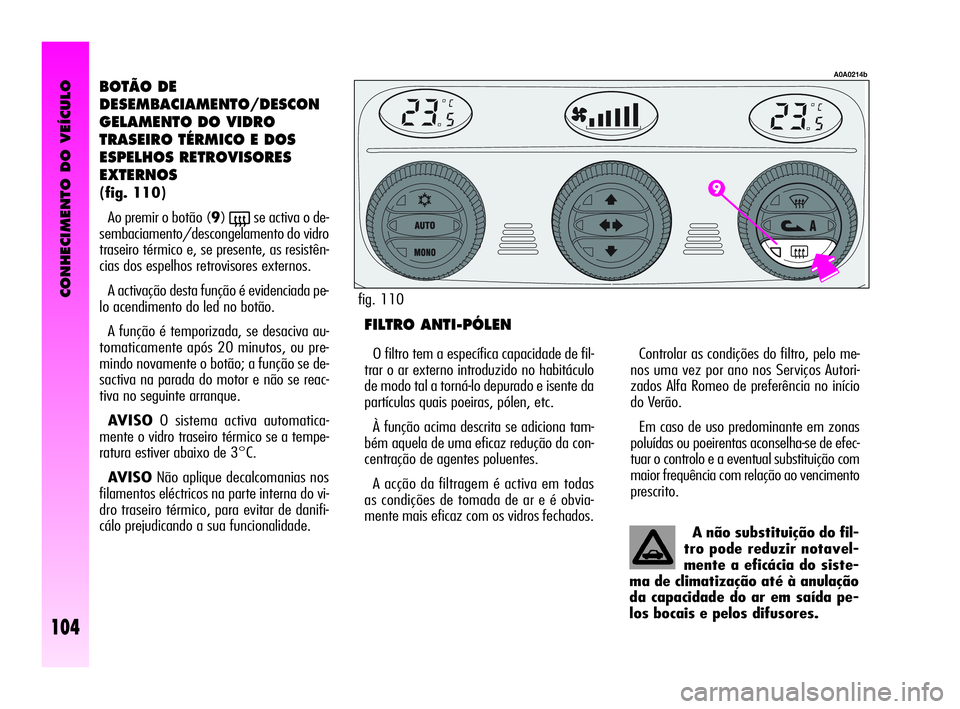 Alfa Romeo GT 2010  Manual de Uso e Manutenção (in Portuguese) CONHECIMENTO DO VEÍCULO
104
BOTÃO DE 
DESEMBACIAMENTO/DESCON
GELAMENTO DO VIDRO 
TRASEIRO TÉRMICO E DOS 
ESPELHOS RETROVISORES 
EXTERNOS
(fig. 110)
Ao premir o botão (9)
(se activa o de-
sembaciam