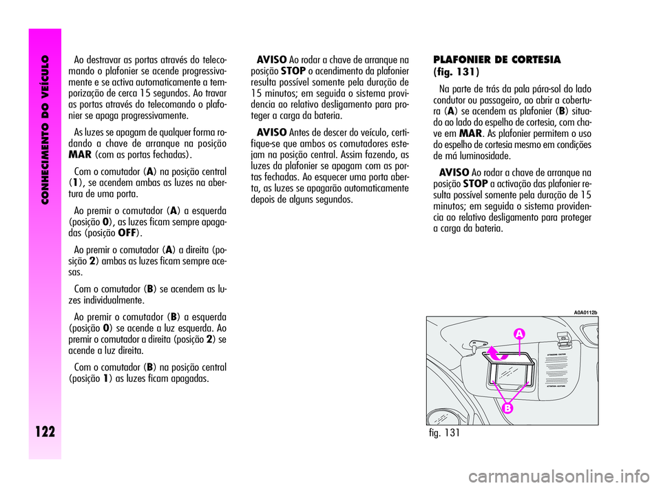 Alfa Romeo GT 2010  Manual de Uso e Manutenção (in Portuguese) CONHECIMENTO DO VEÍCULO
122fig. 131
A0A0112b
Ao destravar as portas através do teleco-
mando o plafonier se acende progressiva-
mente e se activa automaticamente a tem-
porização de cerca 15 segun