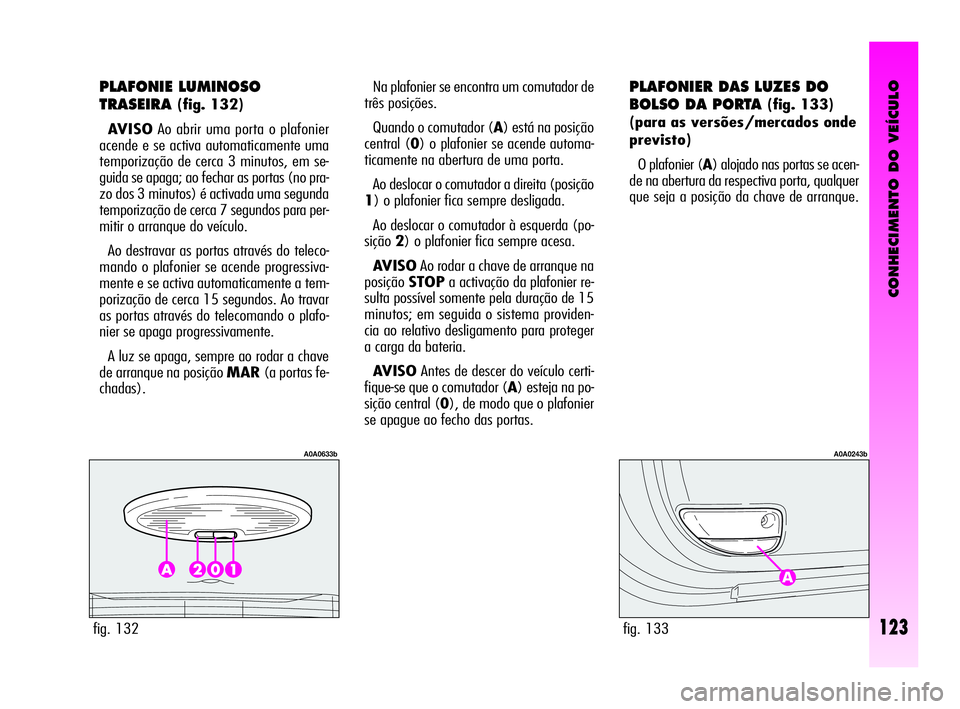 Alfa Romeo GT 2010  Manual de Uso e Manutenção (in Portuguese) CONHECIMENTO DO VEÍCULO
123
PLAFONIE LUMINOSO 
TRASEIRA
(fig. 132)
AVISOAo abrir uma porta o plafonier
acende e se activa automaticamente uma
temporização de cerca 3 minutos, em se-
guida se apaga;