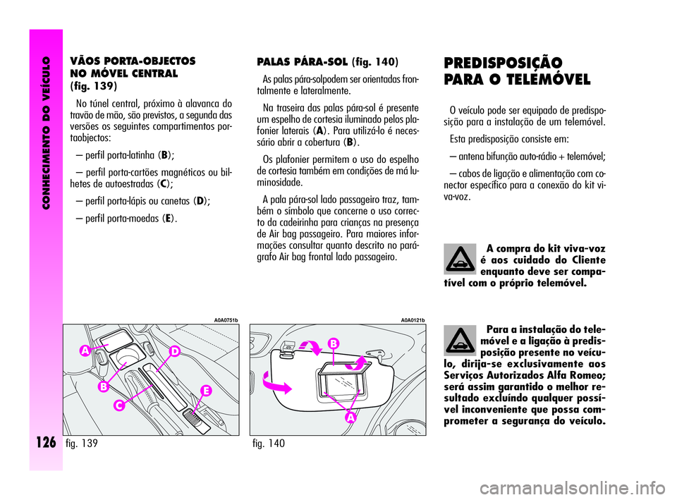 Alfa Romeo GT 2010  Manual de Uso e Manutenção (in Portuguese) CONHECIMENTO DO VEÍCULO
126
PREDISPOSIÇÃO
PARA O TELEMÓVEL 
O veículo pode ser equipado de predispo-
sição para a instalação de um telemóvel. 
Esta predisposição consiste em: 
– antena b