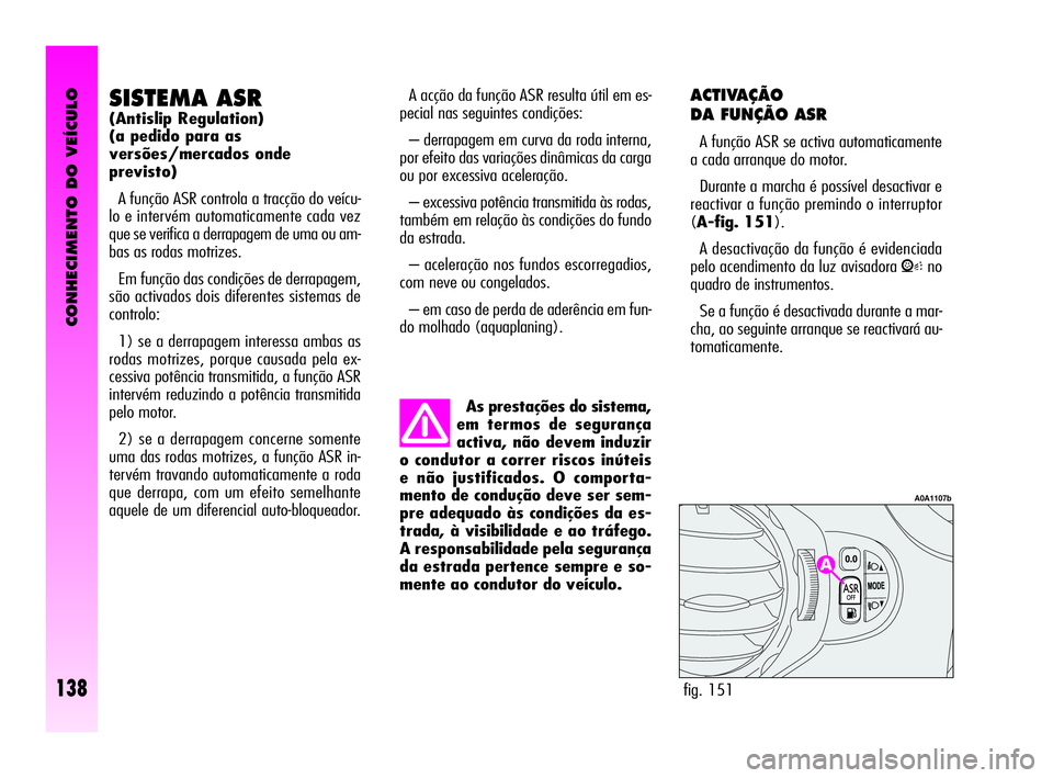 Alfa Romeo GT 2010  Manual de Uso e Manutenção (in Portuguese) CONHECIMENTO DO VEÍCULO
138
ACTIVAÇÃO 
DA FUNÇÃO ASR 
A função ASR se activa automaticamente
a cada arranque do motor. 
Durante a marcha é possível desactivar e
reactivar a função premindo 