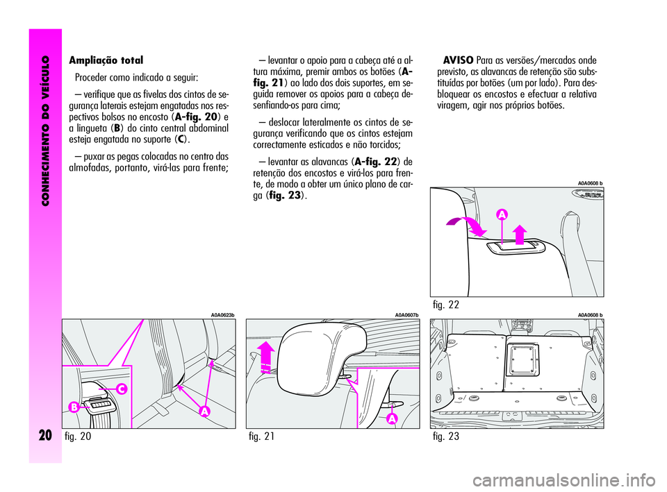 Alfa Romeo GT 2010  Manual de Uso e Manutenção (in Portuguese) CONHECIMENTO DO VEÍCULO
20
– levantar o apoio para a cabeça até a al-
tura máxima, premir ambos os botões (A-
fig. 21) ao lado dos dois suportes, em se-
guida remover os apoios para a cabeça d