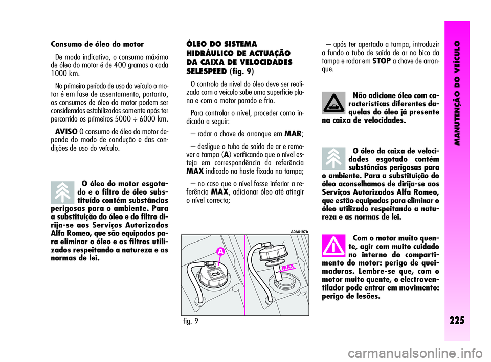 Alfa Romeo GT 2010  Manual de Uso e Manutenção (in Portuguese) MANUTENÇÃO DO VEÍCULO
225
O óleo do motor esgota-
do e o filtro de óleo subs-
tituído contém substâncias
perigosas para o ambiente. Para
a substituição do óleo e do filtro di-
rija-se aos S