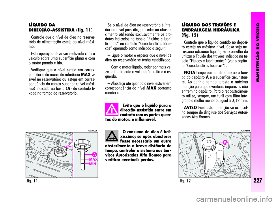 Alfa Romeo GT 2010  Manual de Uso e Manutenção (in Portuguese) MANUTENÇÃO DO VEÍCULO
227
O consumo de óleo é bai-
xíssimo; se após abastecer
fosse necessário um outro
abstecimento a breve distância de
tempo, controlar o sistema nos Ser-
viços Autorizado