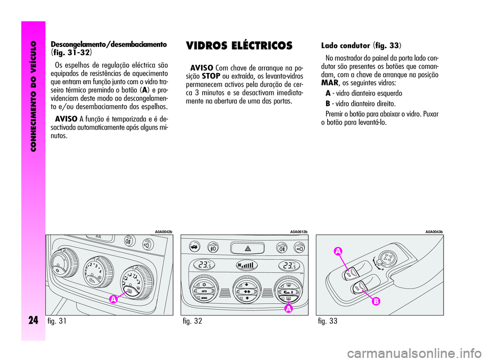 Alfa Romeo GT 2010  Manual de Uso e Manutenção (in Portuguese) CONHECIMENTO DO VEÍCULO
24fig. 33
A0A0043b
VIDROS ELÉCTRICOS
AVISOCom chave de arranque na po-
siçãoSTOPou extraída, os levanta-vidros
permanecem activos pela duração de cer-
ca 3 minutos e se 