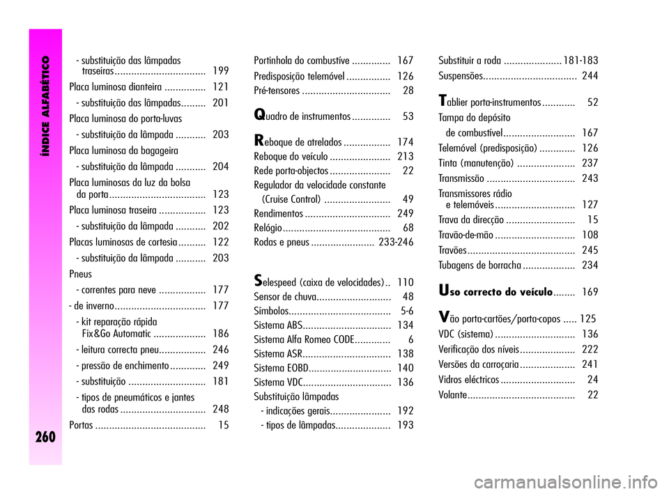 Alfa Romeo GT 2010  Manual de Uso e Manutenção (in Portuguese) ÍNDICE ALFABÉTICO
260
- substituição das lâmpadas 
traseiras ................................. 199 
Placa luminosa dianteira ............... 121 
- substituição das lâmpadas......... 201 
Plac