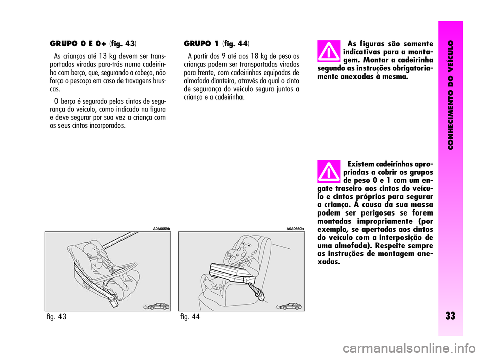 Alfa Romeo GT 2010  Manual de Uso e Manutenção (in Portuguese) CONHECIMENTO DO VEÍCULO
33
GRUPO 0 E 0+ (fig. 43)
As crianças até 13 kg devem ser trans-
portadas viradas para-trás numa cadeirin-
ha com berço, que, segurando a cabeça, não
força o pescoço e