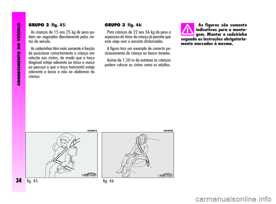 Alfa Romeo GT 2010  Manual de Uso e Manutenção (in Portuguese) CONHECIMENTO DO VEÍCULO
34
GRUPO 2 (fig. 45)
As crianças de 15 aos 25 kg de peso po-
dem ser seguradas directamente pelos cin-
tos do veículo. 
As cadeirinhas têm mais somente a função
de posici
