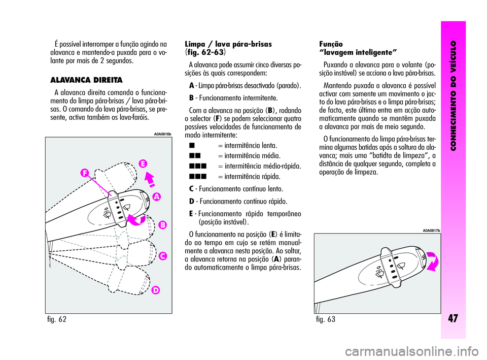 Alfa Romeo GT 2010  Manual de Uso e Manutenção (in Portuguese) CONHECIMENTO DO VEÍCULO
47
É possível interromper a função agindo na
alavanca e mantendo-a puxada para o vo-
lante por mais de 2 segundos.
ALAVANCA DIREITA
A alavanca direita comanda o funciona-
