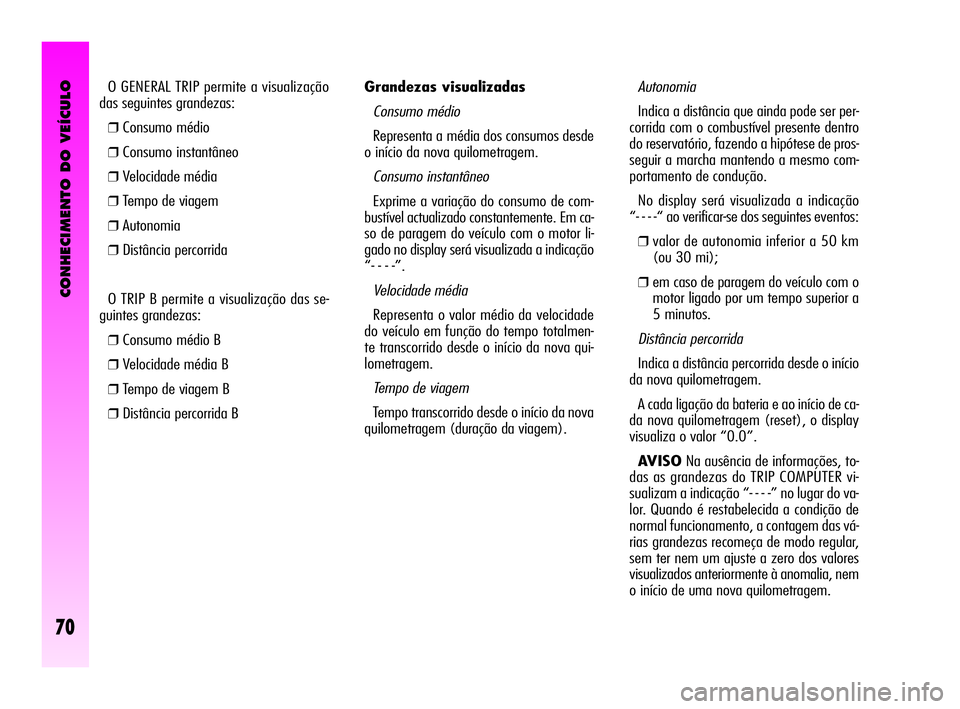 Alfa Romeo GT 2010  Manual de Uso e Manutenção (in Portuguese) CONHECIMENTO DO VEÍCULO
70
Grandezas visualizadas 
Consumo médio 
Representa a média dos consumos desde
o início da nova quilometragem. 
Consumo instantâneo 
Exprime a variação do consumo de co