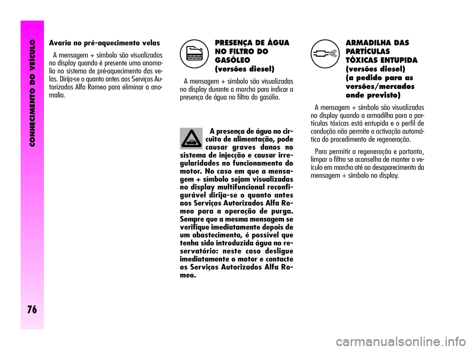 Alfa Romeo GT 2010  Manual de Uso e Manutenção (in Portuguese) CONHECIMENTO DO VEÍCULO
76
PRESENÇA DE ÁGUA
NO FILTRO DO
GASÓLEO
(versões diesel) 
A mensagem + símbolo são visualizadas
no display durante a marcha para indicar a
presença de água no filtro 