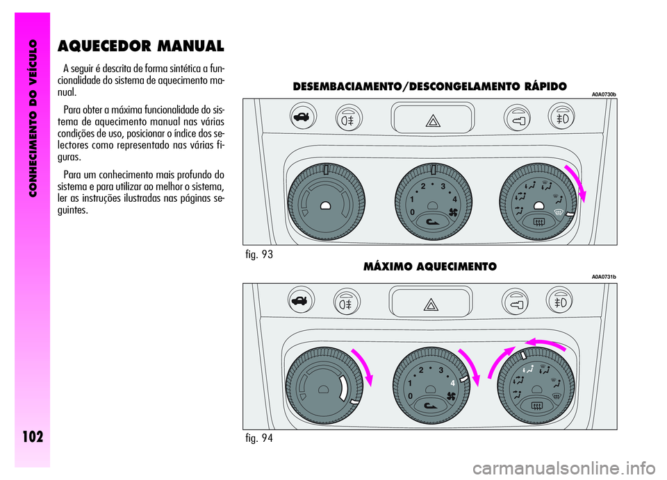Alfa Romeo GT 2006  Manual de Uso e Manutenção (in Portuguese) CONHECIMENTO DO VEÍCULO
102
A seguir é descrita de forma sintética a fun-
cionalidade do sistema de aquecimento ma-
nual.
Para obter a máxima funcionalidade do sis-
tema de aquecimento manual nas 