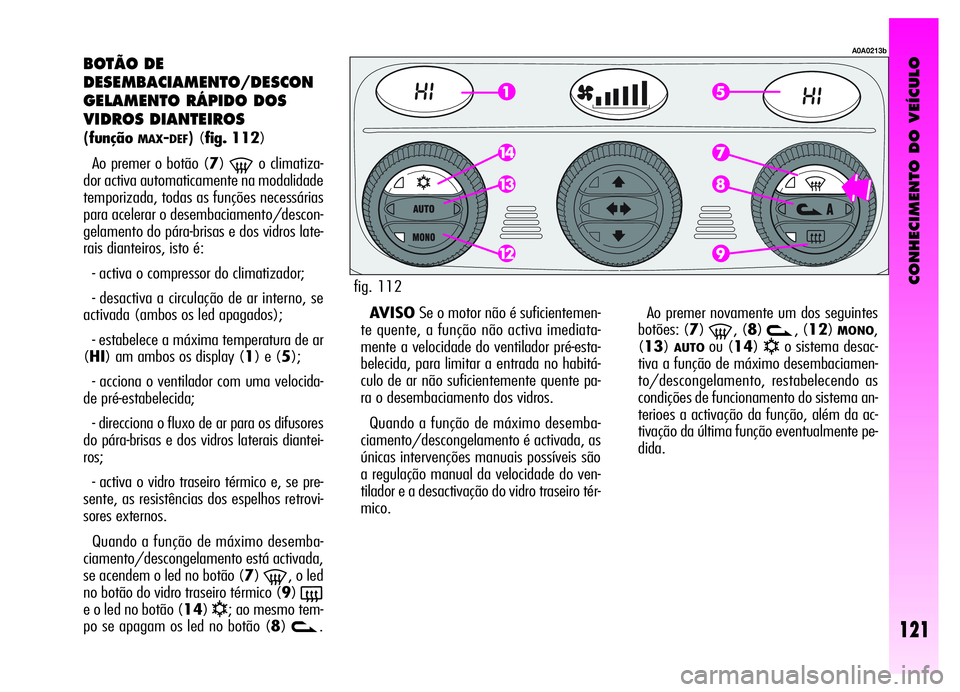Alfa Romeo GT 2006 Manual de Uso e Manutenção (in Portuguese) CONHECIMENTO DO VEÍCULO
121
BOTÃO DE
DESEMBACIAMENTO/DESCON
GELAMENTO RÁPIDO DOS
VIDROS DIANTEIROS
(funçãoMAX-DEF)(fig. 112)
Ao premer o botão (7)
-o climatiza-
dor activa automaticamente na mod Alfa Romeo GT 2006 Manual de Uso e Manutenção (in Portuguese) CONHECIMENTO DO VEÍCULO
121
BOTÃO DE
DESEMBACIAMENTO/DESCON
GELAMENTO RÁPIDO DOS
VIDROS DIANTEIROS
(funçãoMAX-DEF)(fig. 112)
Ao premer o botão (7)
-o climatiza-
dor activa automaticamente na mod