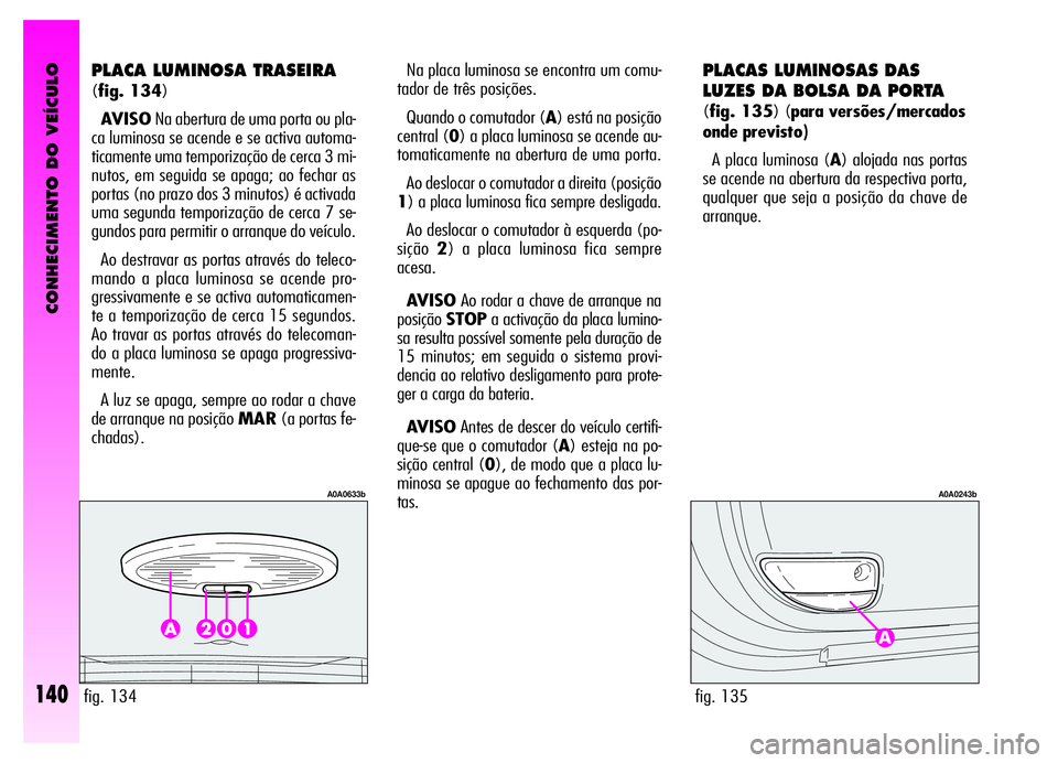 Alfa Romeo GT 2006 Manual de Uso e Manutenção (in Portuguese) CONHECIMENTO DO VEÍCULO
140
PLACA LUMINOSA TRASEIRA
(fig. 134)
AVISONa abertura de uma porta ou pla-
ca luminosa se acende e se activa automa-
ticamente uma temporização de cerca 3 mi-
nutos, em s Alfa Romeo GT 2006 Manual de Uso e Manutenção (in Portuguese) CONHECIMENTO DO VEÍCULO
140
PLACA LUMINOSA TRASEIRA
(fig. 134)
AVISONa abertura de uma porta ou pla-
ca luminosa se acende e se activa automa-
ticamente uma temporização de cerca 3 mi-
nutos, em s