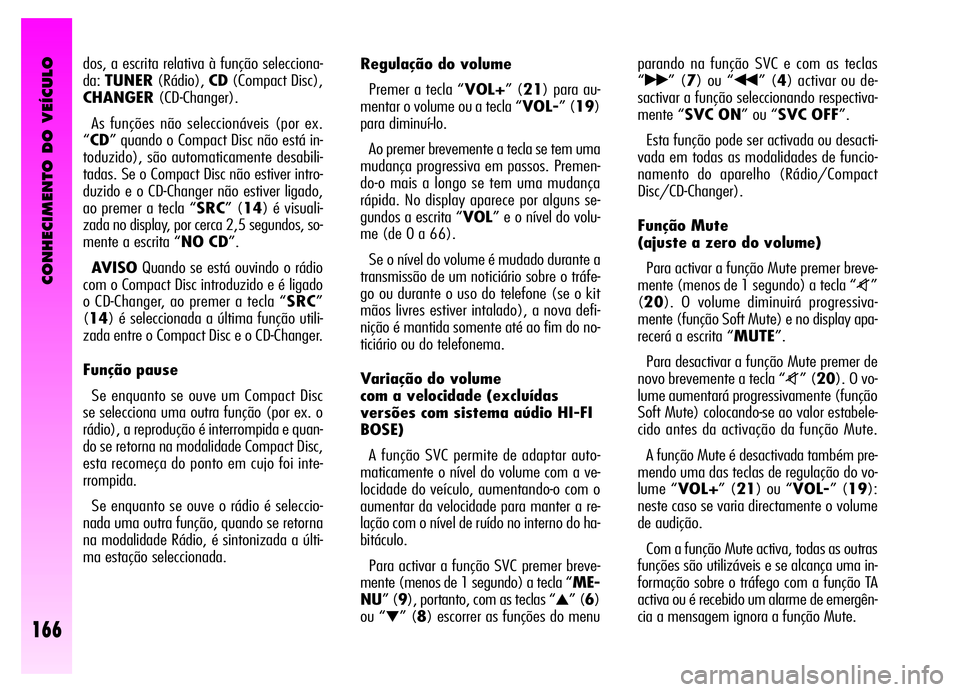 Alfa Romeo GT 2006 Manual de Uso e Manutenção (in Portuguese) CONHECIMENTO DO VEÍCULO
166
dos, a escrita relativa à função selecciona-
da:TUNER(Rádio),CD(Compact Disc),
CHANGER(CD-Changer).
As funções não seleccionáveis (por ex.
“CD” quando o Compac Alfa Romeo GT 2006 Manual de Uso e Manutenção (in Portuguese) CONHECIMENTO DO VEÍCULO
166
dos, a escrita relativa à função selecciona-
da:TUNER(Rádio),CD(Compact Disc),
CHANGER(CD-Changer).
As funções não seleccionáveis (por ex.
“CD” quando o Compac