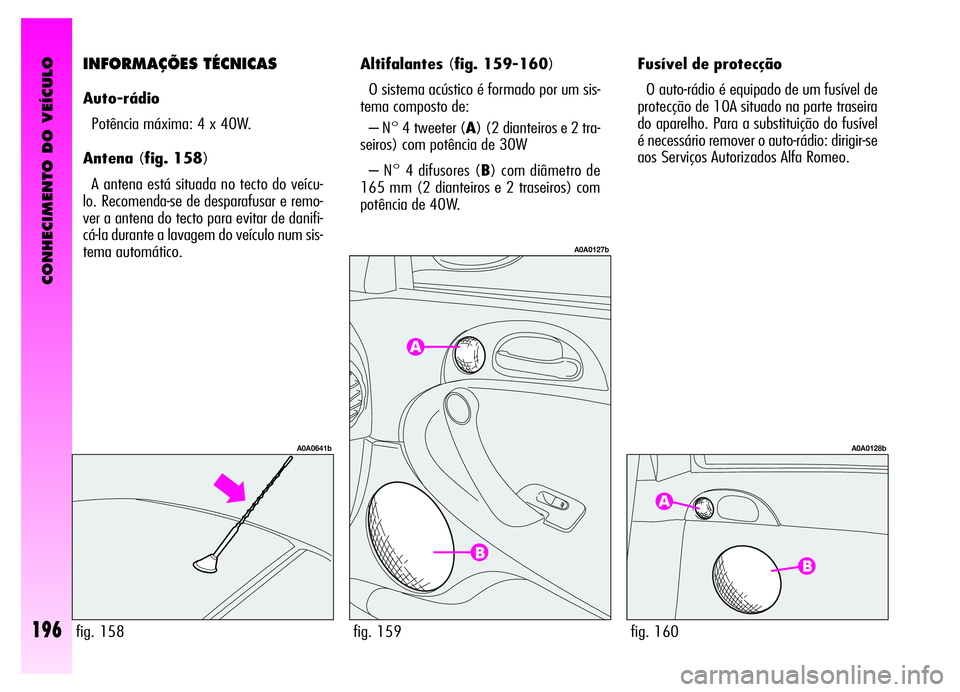 Alfa Romeo GT 2006  Manual de Uso e Manutenção (in Portuguese) CONHECIMENTO DO VEÍCULO
196
Fusível de protecção
O auto-rádio é equipado de um fusível de
protecção de 10A situado na parte traseira
do aparelho. Para a substituição do fusível
é necessá