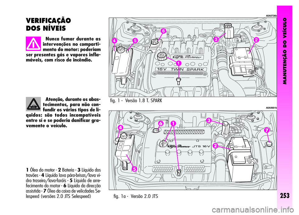 Alfa Romeo GT 2006  Manual de Uso e Manutenção (in Portuguese) MANUTENÇÃO DO VEÍCULO
253
1Óleo do motor - 2Bateria - 3Líquido dos
travões -4Líquido lava pára-brisas/lava vi-
dro traseiro/lava-faróis - 5Líquido de arre-
fecimento do motor - 6Líquido da 