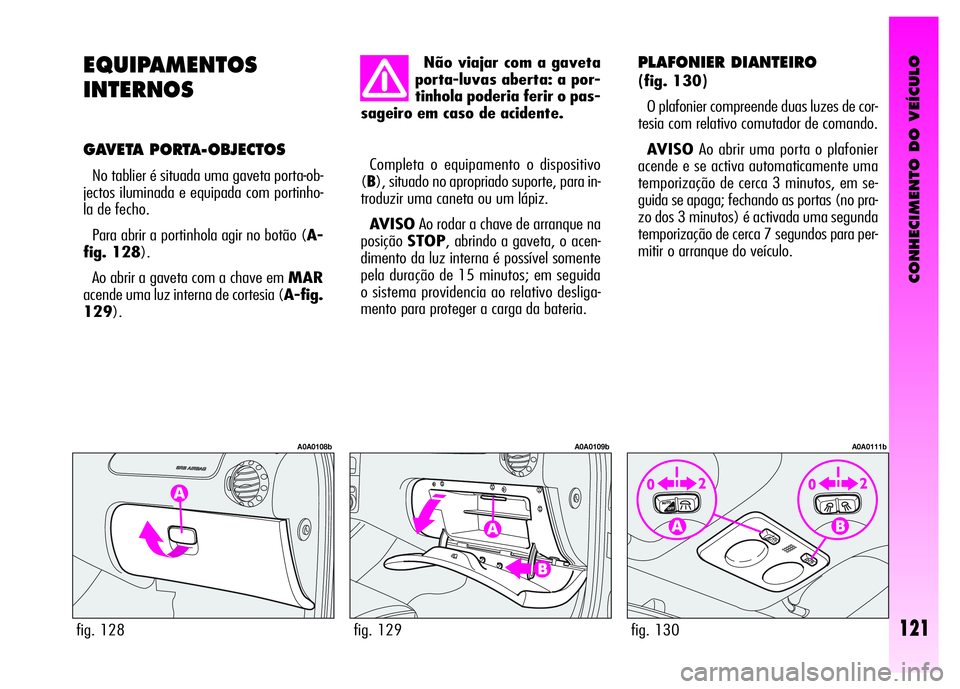 Alfa Romeo GT 2008 Manual de Uso e Manutenção (in Portuguese) CONHECIMENTO DO VEÍCULO
121
EQUIPAMENTOS
INTERNOS
GAVETA PORTA-OBJECTOS
No tablier é situada uma gaveta porta-ob-
jectos iluminada e equipada com portinho-
la de fecho.
Para abrir a portinhola ag Alfa Romeo GT 2008 Manual de Uso e Manutenção (in Portuguese) CONHECIMENTO DO VEÍCULO
121
EQUIPAMENTOS
INTERNOS
GAVETA PORTA-OBJECTOS
No tablier é situada uma gaveta porta-ob-
jectos iluminada e equipada com portinho-
la de fecho.
Para abrir a portinhola ag
