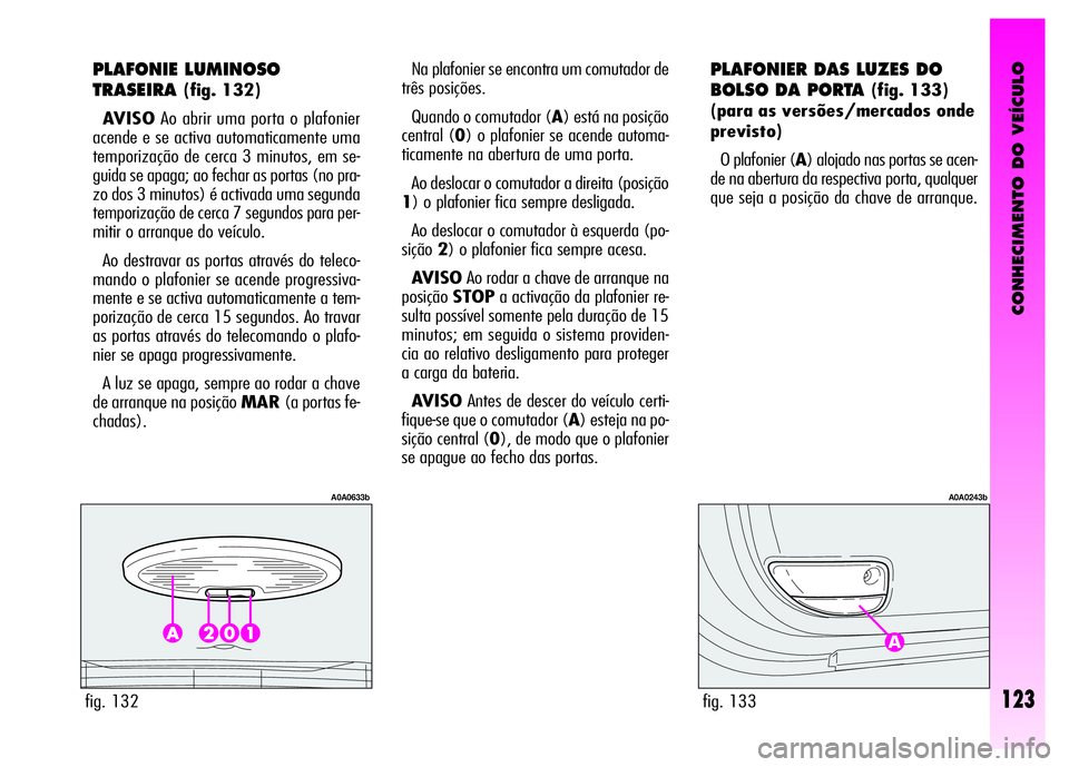 Alfa Romeo GT 2008 Manual de Uso e Manutenção (in Portuguese) CONHECIMENTO DO VEÍCULO
123
PLAFONIE LUMINOSO
TRASEIRA
(fig. 132)
AVISOAo abrir uma porta o plafonier
acende e se activa automaticamente uma
temporização de cerca 3 minutos, em se-
guida se apaga; Alfa Romeo GT 2008 Manual de Uso e Manutenção (in Portuguese) CONHECIMENTO DO VEÍCULO
123
PLAFONIE LUMINOSO
TRASEIRA
(fig. 132)
AVISOAo abrir uma porta o plafonier
acende e se activa automaticamente uma
temporização de cerca 3 minutos, em se-
guida se apaga;