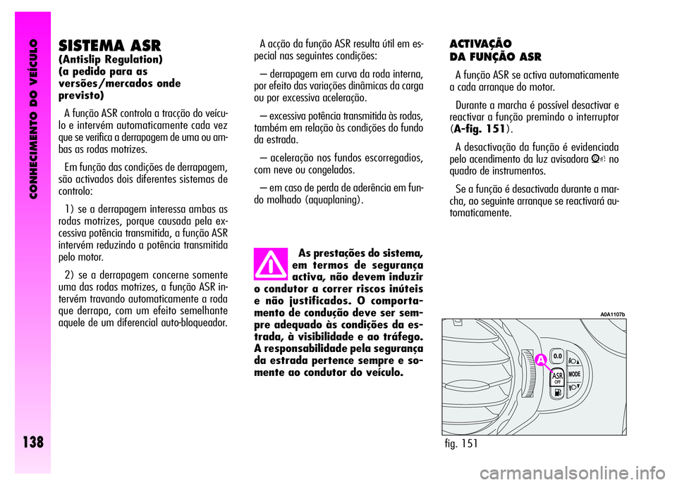Alfa Romeo GT 2008 Manual de Uso e Manutenção (in Portuguese) CONHECIMENTO DO VEÍCULO
138
ACTIVAÇÃO
DA FUNÇÃO ASR
A função ASR se activa automaticamente
a cada arranque do motor.
Durante a marcha é possível desactivar e
reactivar a função premindo Alfa Romeo GT 2008 Manual de Uso e Manutenção (in Portuguese) CONHECIMENTO DO VEÍCULO
138
ACTIVAÇÃO
DA FUNÇÃO ASR
A função ASR se activa automaticamente
a cada arranque do motor.
Durante a marcha é possível desactivar e
reactivar a função premindo