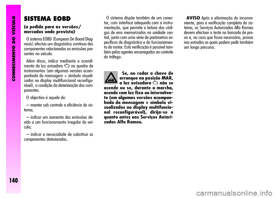 Alfa Romeo GT 2008 Manual de Uso e Manutenção (in Portuguese) CONHECIMENTO DO VEÍCULO
140
SISTEMA EOBD
(a pedido para as versões/
mercados onde previsto)
O sistema EOBD (European On Board Diag-
nosis) efectua um diagnóstico contínuo dos
componentes relacio Alfa Romeo GT 2008 Manual de Uso e Manutenção (in Portuguese) CONHECIMENTO DO VEÍCULO
140
SISTEMA EOBD
(a pedido para as versões/
mercados onde previsto)
O sistema EOBD (European On Board Diag-
nosis) efectua um diagnóstico contínuo dos
componentes relacio