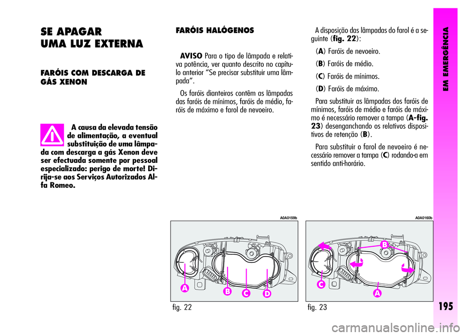 Alfa Romeo GT 2008 Manual de Uso e Manutenção (in Portuguese) EM EMERGÊNCIA
195
SE APAGAR
UMA LUZ EXTERNA
FARÓIS COM DESCARGA DE
GÁS XENON
A causa da elevada tensão
de alimentação, a eventual
substituição de uma lâmpa-
da com descarga a gás Xenon de Alfa Romeo GT 2008 Manual de Uso e Manutenção (in Portuguese) EM EMERGÊNCIA
195
SE APAGAR
UMA LUZ EXTERNA
FARÓIS COM DESCARGA DE
GÁS XENON
A causa da elevada tensão
de alimentação, a eventual
substituição de uma lâmpa-
da com descarga a gás Xenon de