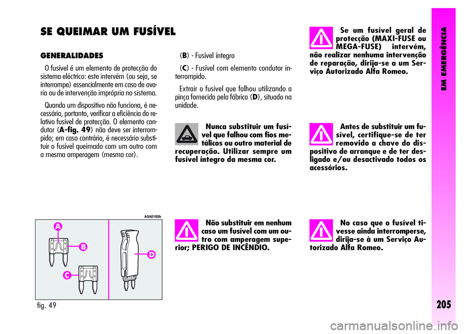Alfa Romeo GT 2008  Manual de Uso e Manutenção (in Portuguese) EM EMERGÊNCIA
205
SE QUEIMAR UM FUSÍVEL 
GENERALIDADES
O fusível é um elemento de protecção do
sistema eléctrico: este intervém (ou seja, se
interrompe) essencialmente em caso de ava-
ria ou d