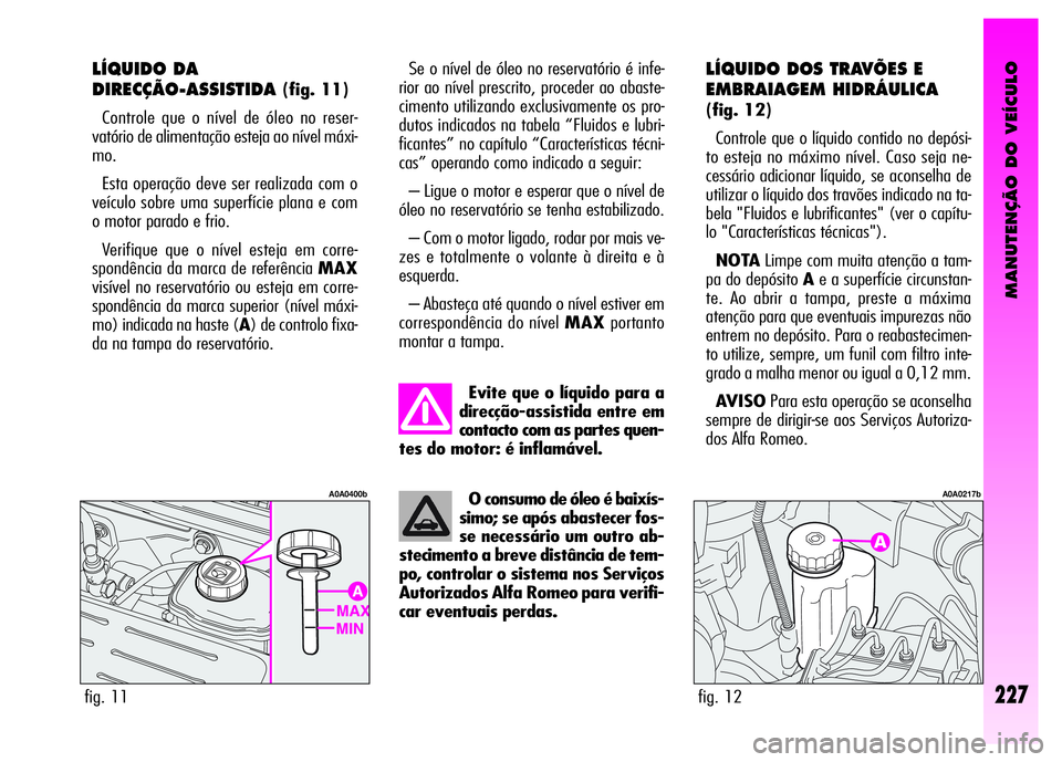 Alfa Romeo GT 2008 Manual de Uso e Manutenção (in Portuguese) MANUTENÇÃO DO VEÍCULO
227
O consumo de óleo é baixís-
simo; se após abastecer fos-
se necessário um outro ab-
stecimento a breve distância de tem-
po, controlar o sistema nos Serviços
Autori Alfa Romeo GT 2008 Manual de Uso e Manutenção (in Portuguese) MANUTENÇÃO DO VEÍCULO
227
O consumo de óleo é baixís-
simo; se após abastecer fos-
se necessário um outro ab-
stecimento a breve distância de tem-
po, controlar o sistema nos Serviços
Autori