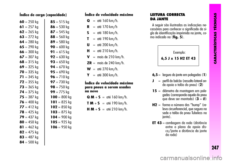 Alfa Romeo GT 2008 Manual de Uso e Manutenção (in Portuguese) CARACTERÍSTICAS TÉCNICAS
247
Índice de velocidade máxima
Q= até 160 km/h.
R= até 170 km/h
S= até 180 km/h.
T= até 190 km/h.
U= até 200 km/h.
H= até 210 km/h.
V= mais de 210 km/h.
ZR= mais de Alfa Romeo GT 2008 Manual de Uso e Manutenção (in Portuguese) CARACTERÍSTICAS TÉCNICAS
247
Índice de velocidade máxima
Q= até 160 km/h.
R= até 170 km/h
S= até 180 km/h.
T= até 190 km/h.
U= até 200 km/h.
H= até 210 km/h.
V= mais de 210 km/h.
ZR= mais de