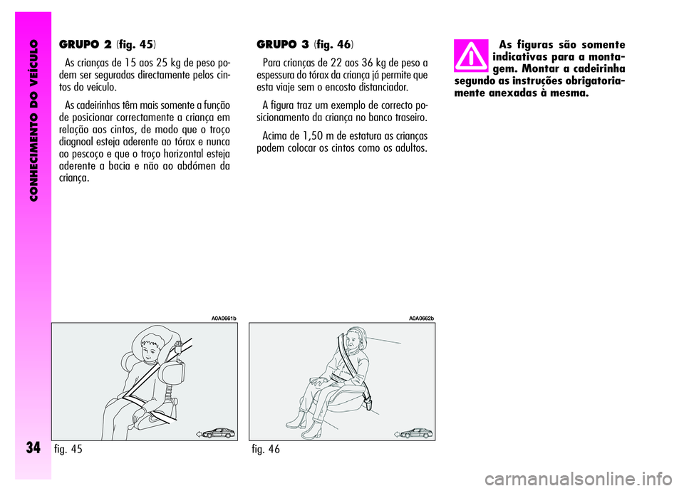 Alfa Romeo GT 2008  Manual de Uso e Manutenção (in Portuguese) CONHECIMENTO DO VEÍCULO
34
GRUPO 2 (fig. 45)
As crianças de 15 aos 25 kg de peso po-
dem ser seguradas directamente pelos cin-
tos do veículo. 
As cadeirinhas têm mais somente a função
de posici