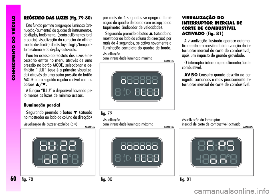 Alfa Romeo GT 2008 Manual de Uso e Manutenção (in Portuguese) CONHECIMENTO DO VEÍCULO
60
fig. 79
A0A0012b
fig. 80
A0A0013b
fig. 81
A0A0007b
por mais de 4 segundos se apaga a ilumi-
nação do quadro de bordo com excepção do
taquímetro (indicador de velocidad Alfa Romeo GT 2008 Manual de Uso e Manutenção (in Portuguese) CONHECIMENTO DO VEÍCULO
60
fig. 79
A0A0012b
fig. 80
A0A0013b
fig. 81
A0A0007b
por mais de 4 segundos se apaga a ilumi-
nação do quadro de bordo com excepção do
taquímetro (indicador de velocidad