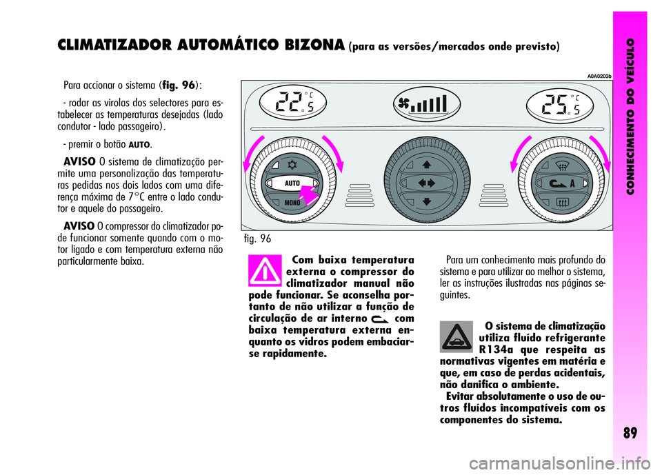 Alfa Romeo GT 2008 Manual de Uso e Manutenção (in Portuguese) CONHECIMENTO DO VEÍCULO
89
CLIMATIZADOR AUTOMÁTICO BIZONA(para as versões/mercados onde previsto)
Para accionar o sistema (fig. 96):
- rodar as virolas dos selectores para es-
tabelecer as temperat Alfa Romeo GT 2008 Manual de Uso e Manutenção (in Portuguese) CONHECIMENTO DO VEÍCULO
89
CLIMATIZADOR AUTOMÁTICO BIZONA(para as versões/mercados onde previsto)
Para accionar o sistema (fig. 96):
- rodar as virolas dos selectores para es-
tabelecer as temperat