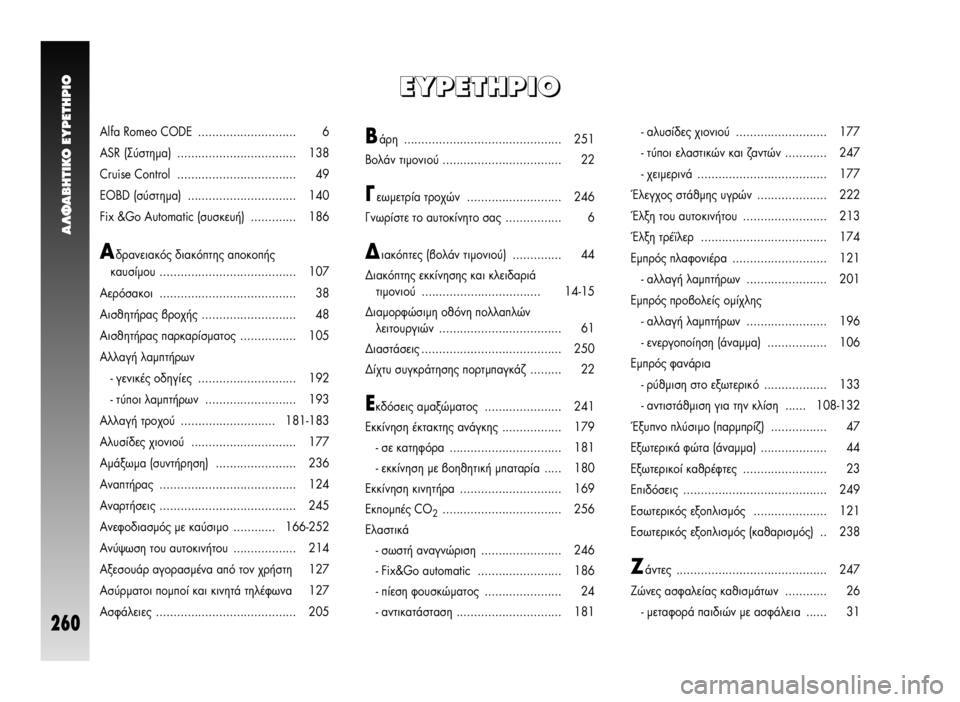 Alfa Romeo GT 2007  ΒΙΒΛΙΟ ΧΡΗΣΗΣ ΚΑΙ ΣΥΝΤΗΡΗΣΗΣ (in Greek) A§ºABHTIKO EYPETHPIO
260
E E
Y Y
P P
E E
T T
H H
P P
I I
O O
Alfa Romeo CODE  ............................ 6 
ASR (™‡ÛÙËÌ·)  .................................. 138
Cruise Control  .........