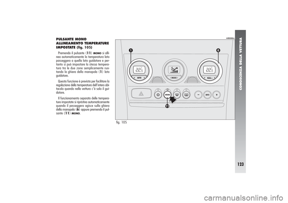 Alfa Romeo 156 2004  Libretto Uso Manutenzione (in Italian) CONOSCENZA DELLA VETTURA
123
fig. 105
A0B0066m
PULSANTE MONO 
ALLINEAMENTO TEMPERATURE 
IMPOSTATE 
(fig. 105)
Premendo il pulsante (11) 
MONO
si alli-
nea automaticamente la temperatura lato
passegger