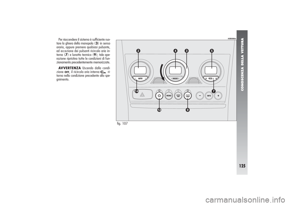 Alfa Romeo 156 2004  Libretto Uso Manutenzione (in Italian) CONOSCENZA DELLA VETTURA
125
fig. 107
A0B0068m
Per riaccendere il sistema è sufficiente ruo-
tare la ghiera della manopola (3) in senso
orario, oppure premere qualsiasi pulsante,
ad eccezione dei pul