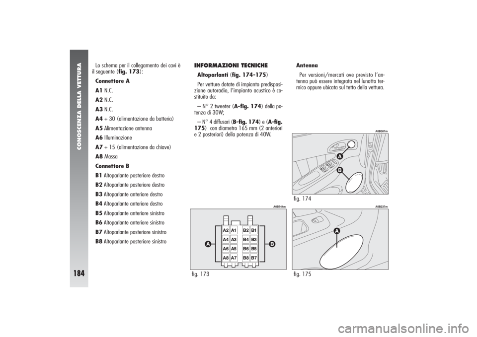 Alfa Romeo 156 2004  Libretto Uso Manutenzione (in Italian) CONOSCENZA DELLA VETTURA
184
Lo schema per il collegamento dei cavi è
il seguente (fig. 173):
Connettore A
A1N.C.
A2N.C.
A3N.C.
A4+ 30 (alimentazione da batteria)
A5Alimentazione antenna
A6Illuminazi