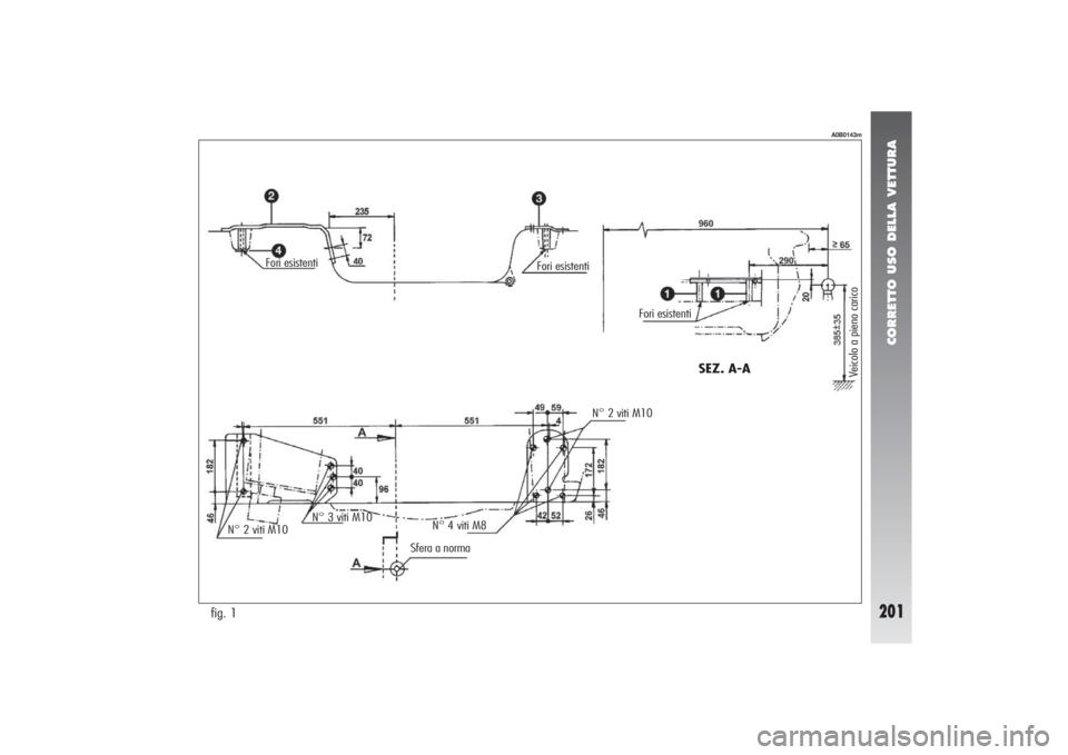 Alfa Romeo 156 2004  Libretto Uso Manutenzione (in Italian) CORRETTO USO DELLA VETTURA
201
fig. 1
A0B0143m
Fori esistenti
SEZ. A-A
Veicolo a pieno carico
Fori esistenti
Fori esistenti
N° 2 viti M10
Sfera a norma N° 3 viti M10
N° 4 viti M8N° 2 viti M10 