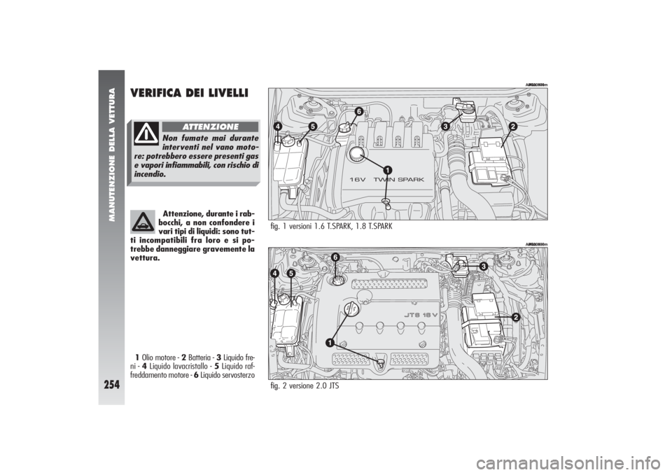 Alfa Romeo 156 2004  Libretto Uso Manutenzione (in Italian) MANUTENZIONE DELLA VETTURA
254
fig. 
A0A0000m
fig. 
A0A0000m
fig. 2 versione 2.0 JTS
A0M00436m
fig. 1 versioni 1.6 T.SPARK, 1.8 T.SPARK
A0M00174m
VERIFICA DEI LIVELLI1Olio motore - 2Batteria - 3Liquid