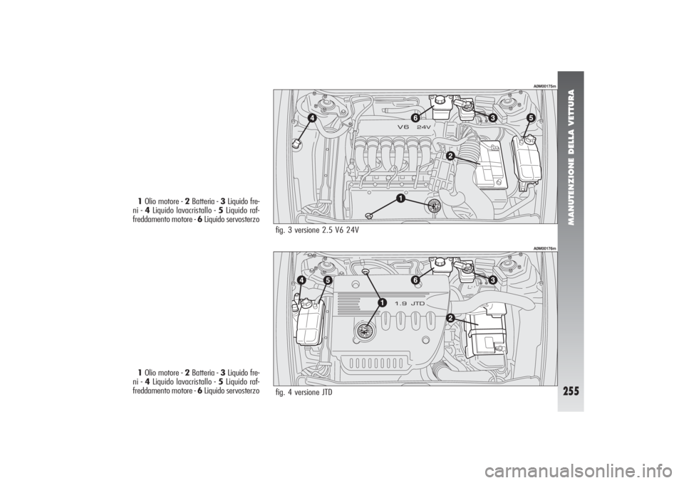 Alfa Romeo 156 2004  Libretto Uso Manutenzione (in Italian) MANUTENZIONE DELLA VETTURA
255
fig. 3 versione 2.5 V6 24V
fig. 4 versione JTD
A0M00175mA0M00176m
1Olio motore - 2Batteria - 3Liquido fre-
ni - 4Liquido lavacristallo - 5Liquido raf-
freddamento motore