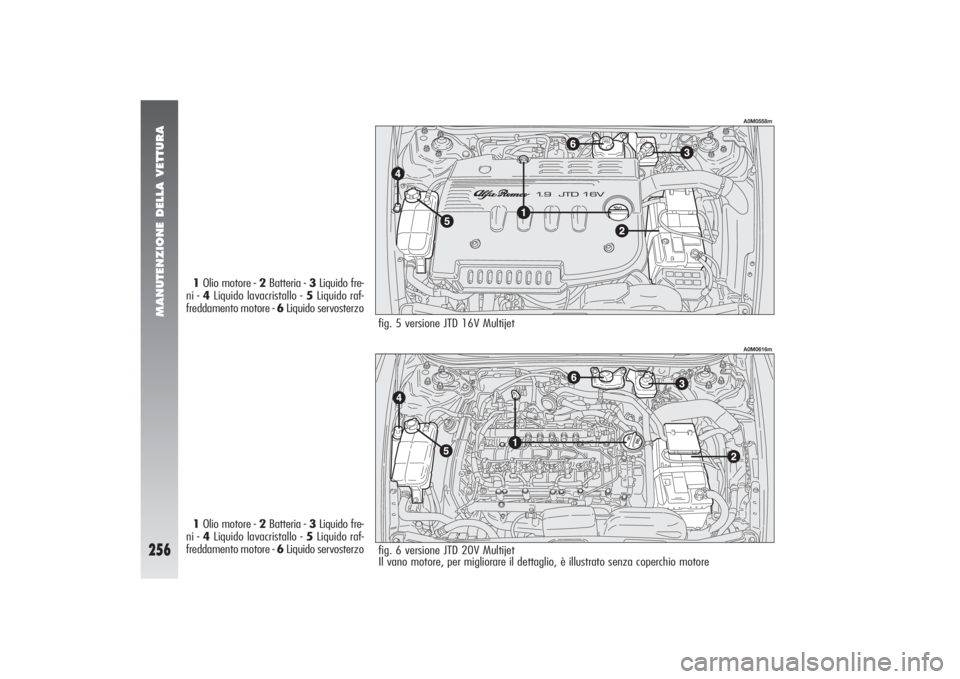 Alfa Romeo 156 2004  Libretto Uso Manutenzione (in Italian) MANUTENZIONE DELLA VETTURA
256
A0M0558m
1Olio motore - 2Batteria - 3Liquido fre-
ni - 4Liquido lavacristallo - 5Liquido raf-
freddamento motore - 6Liquido servosterzo
1Olio motore - 2Batteria - 3Liqui