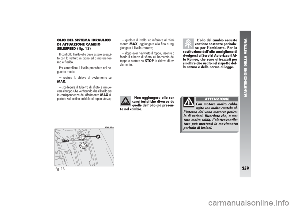 Alfa Romeo 156 2004  Libretto Uso Manutenzione (in Italian) MANUTENZIONE DELLA VETTURA
259
– qualora il livello sia inferiore al riferi-
mento MAX, aggiungere olio fino a rag-
giungere il livello corretto;
– dopo aver riavvitato il tappo, inserire a
fondo 