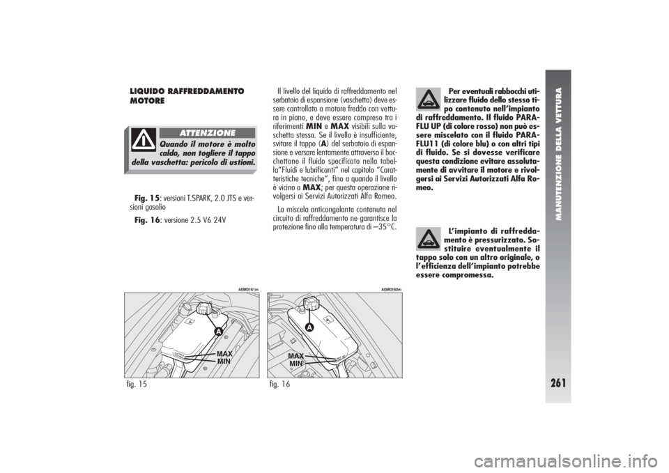 Alfa Romeo 156 2004  Libretto Uso Manutenzione (in Italian) MANUTENZIONE DELLA VETTURA
261
LIQUIDO RAFFREDDAMENTO
MOTORE 
Per eventuali rabbocchi uti-
lizzare fluido dello stesso ti-
po contenuto nell’impianto
di raffreddamento. Il fluido PARA-
FLU UP (di co