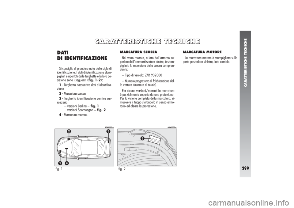 Alfa Romeo 156 2004  Libretto Uso Manutenzione (in Italian) CARATTERISTICHE TECNICHE
299
MARCATURA SCOCCANel vano motore, a lato dell’attacco su-
periore dell’ammortizzatore destro, è stam-
pigliata la marcatura della scocca compren-
dente:
– Tipo di ve