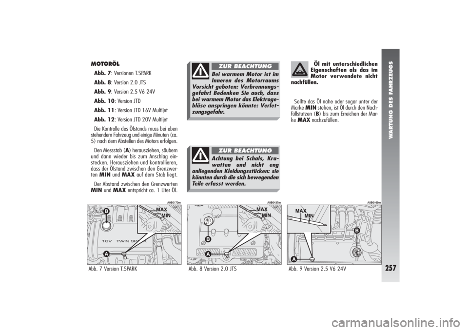 Alfa Romeo 156 2004 Betriebsanleitung (in German) WARTUNG DES FAHRZEUGS
257
MOTORÖL Abb. 7: Versionen T.SPARK
Abb. 8: Version 2.0 JTS
Abb. 9: Version 2.5 V6 24V
Abb. 10: Version JTD
Abb. 11: Version JTD 16V Multijet
Abb. 12: Version JTD 20V Multije Alfa Romeo 156 2004 Betriebsanleitung (in German) WARTUNG DES FAHRZEUGS
257
MOTORÖL Abb. 7: Versionen T.SPARK
Abb. 8: Version 2.0 JTS
Abb. 9: Version 2.5 V6 24V
Abb. 10: Version JTD
Abb. 11: Version JTD 16V Multijet
Abb. 12: Version JTD 20V Multije