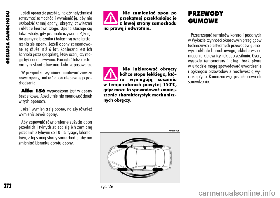 Alfa Romeo 156 2004 Instrukcja obsługi (in Polish) OBS¸UGA SAMOCHODU
272rys. 26
A0B0589b
Je˝eli opona si´ przebije, nale˝y natychmiast
zatrzymaç samochód i wymieniç jà, aby nie
uszkodziç samej opony, obr´czy, zawieszeƒ
i uk∏adu kierownicz Alfa Romeo 156 2004 Instrukcja obsługi (in Polish) OBS¸UGA SAMOCHODU
272rys. 26
A0B0589b
Je˝eli opona si´ przebije, nale˝y natychmiast
zatrzymaç samochód i wymieniç jà, aby nie
uszkodziç samej opony, obr´czy, zawieszeƒ
i uk∏adu kierownicz