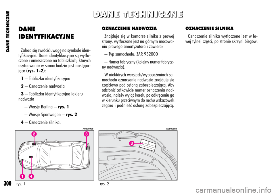 Alfa Romeo 156 2004 Instrukcja obsługi (in Polish) DANE TECHNICZNE
300
OZNACZENIE NADWOZIA
Znajduje si´ w komorze silnika z prawej
strony, wyt∏oczone jest na górnym mocowa-
niu prawego amortyzatora i zawiera:
– Typ samochodu: ZAR 932000
– Nume Alfa Romeo 156 2004 Instrukcja obsługi (in Polish) DANE TECHNICZNE
300
OZNACZENIE NADWOZIA
Znajduje si´ w komorze silnika z prawej
strony, wyt∏oczone jest na górnym mocowa-
niu prawego amortyzatora i zawiera:
– Typ samochodu: ZAR 932000
– Nume