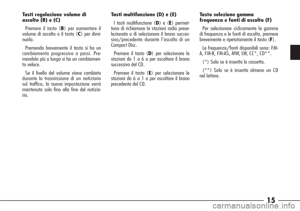 Alfa Romeo 166 2006  Libretto Uso Manutenzione (in Italian) 15
Tasti regolazione volume di 
ascolto (B) e (C)
Premere il tasto (B) per aumentare il
volume di ascolto o il tasto (C) per dimi-
nuirlo.
Premendo brevemente il tasto si ha un
cambiamento progressivo