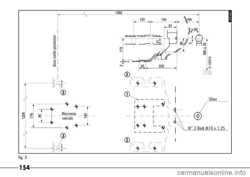Alfa Romeo 166 2006  Libretto Uso Manutenzione (in Italian) 154
592PGSm
fig. 3Sfera
N° 2 Dadi M10 x 1.25
a carico 
Mezzeria
veicolo
Asse ruote posteriori 